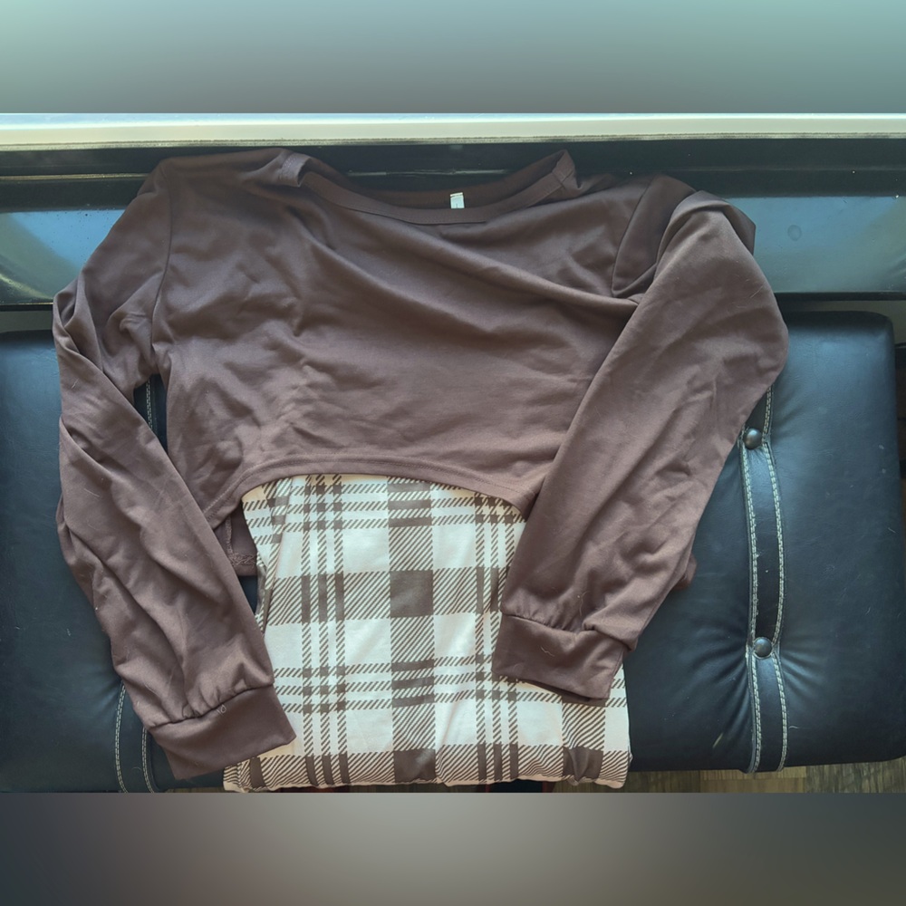 Brown plaid mini dress with brown long sleeve crop top